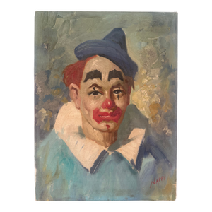 1960s Signed Original Oil Painting of a Somber Circus Clown in Blue