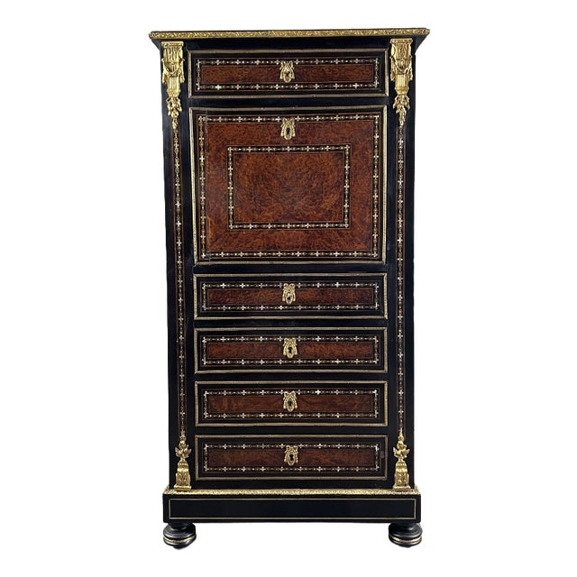 Antique 19th Century Napoleon III Secretary in Marquetry and Gilt Bronze For Sale