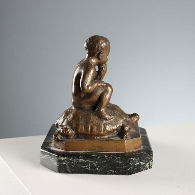 Brown Child and Turtle Sculpture in Bronze For Sale - Image 8 of 9