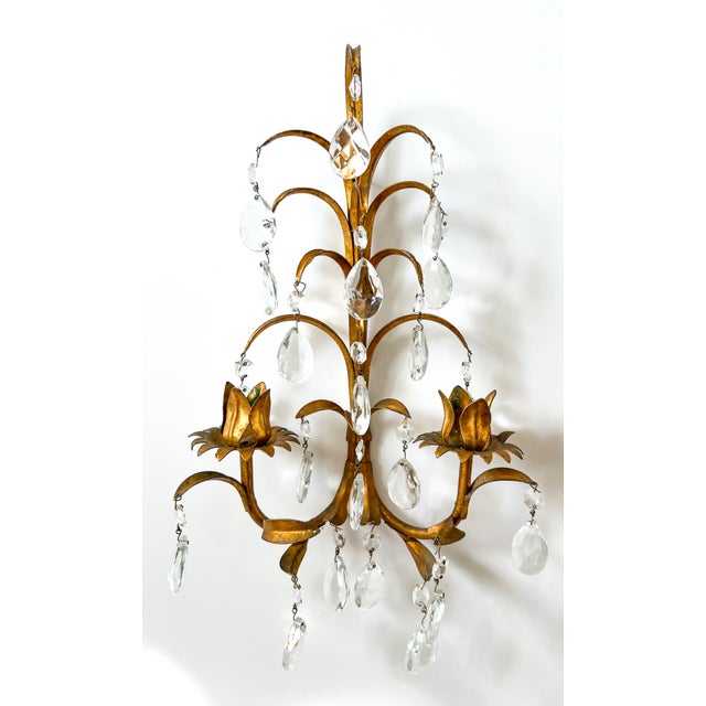Feldman Lighting Pair of Vintage Italian Gold Gilt Tole Wall Sconces With Crystal Prisms – Hollywood Regency / Florentine For Sale - Image 4 of 9