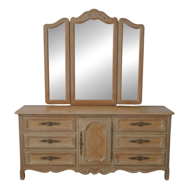 Drexel Cabernet Classics French Provincial Dresser W. Trifold Mirror For Sale