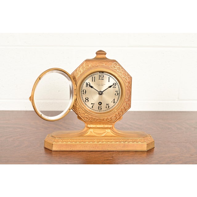 Tiffany Studios Tiffany Studios New York Arts & Crafts Bronze Doré Desk Clock or Mantel Clock, Circa 1910 For Sale - Image 4 of 14