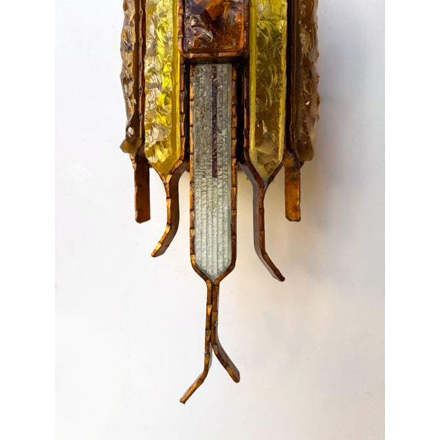 Pair of Hammered Glass Wrought Iron Sconces by Longobard, Italy, 1970s For Sale - Image 11 of 12