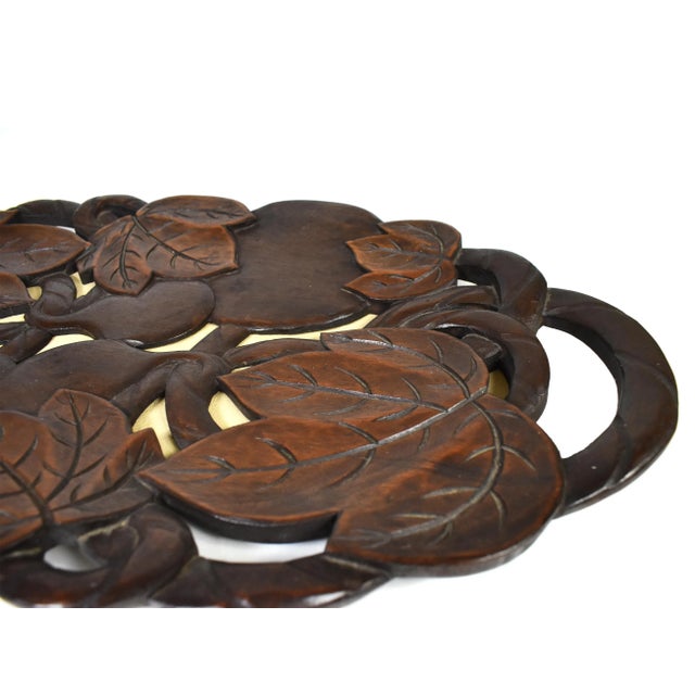 Hand Carved Solid Wood Leaves Fruit Design Tray Centerpiece For Sale - Image 4 of 12