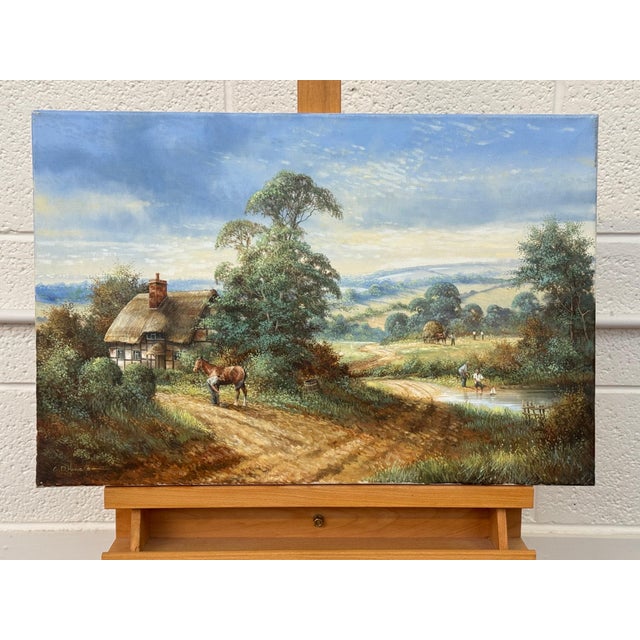 Rural Scene with Horses, Farm Workers & Thatched Cottage in English Countryside 1980 Circa For Sale - Image 13 of 16