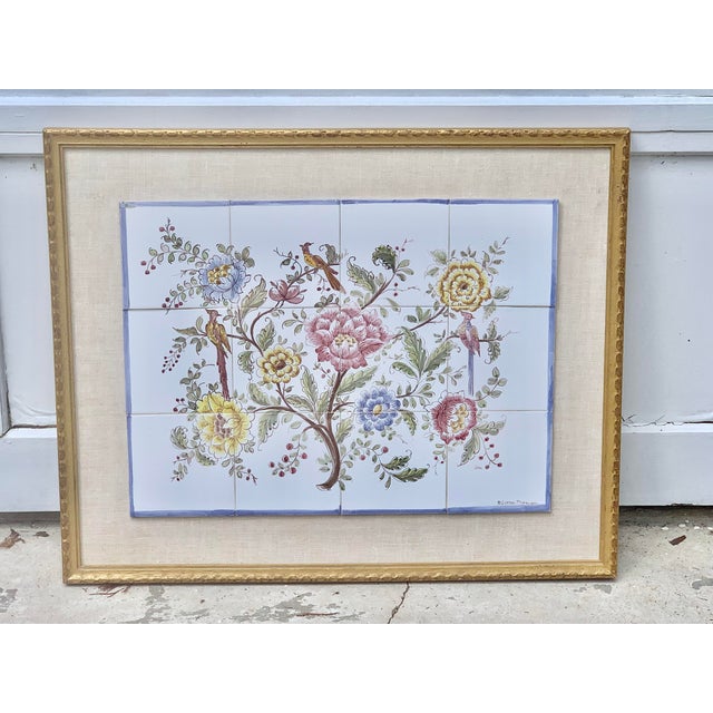Beautiful vintage Portuguese framed tiles. Features a floral design. Matted with a taffeta style fabric. Lovely soft...