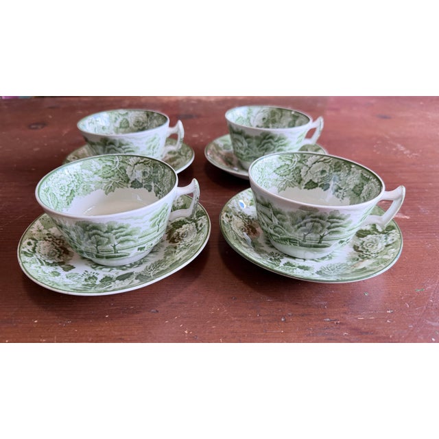 1940s 1940s Wood's "English Scenery" Green Transfer Cups and Saucers - Set of Four Enoch For Sale - Image 5 of 12