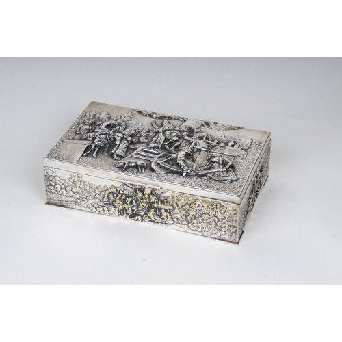 Baroque Antique Continental Silverplate Covered Village Scene Motif Rectangular Box For Sale - Image 3 of 12