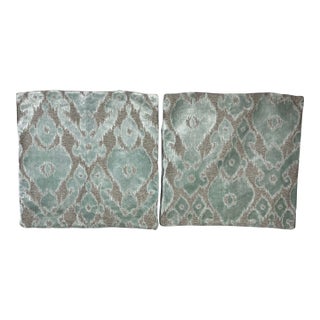 Z Gallerie Seaglass Blue and Beige Velvet Euro Pillow Cover Shams (2) 32" X 32" For Sale