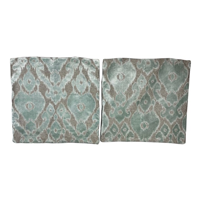 Z Gallerie Seaglass Blue and Beige Velvet Euro Pillow Cover Shams (2) 32" X 32" For Sale