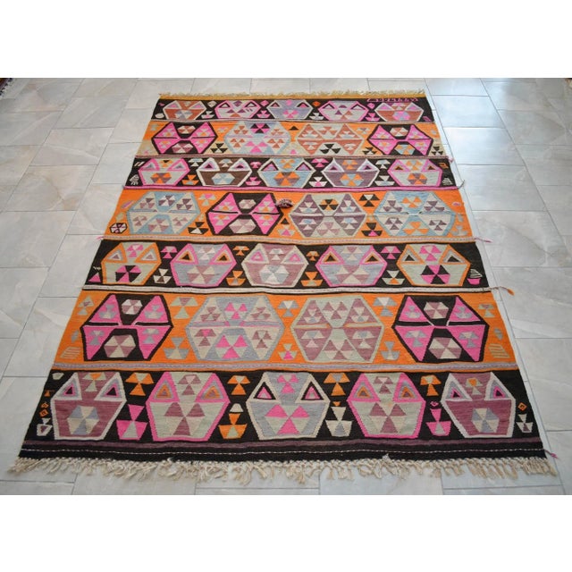Tribal 1960s Vintage Handmade Turkish Kilim Rug Hot Pink - 5′10″ X 8′2″ For Sale - Image 3 of 11