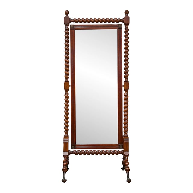 19th Century English Cheval Mirror with Barley Twist Frame, Ball and Claw Feet For Sale
