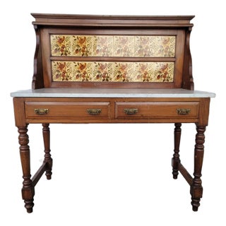 1960s Vintage Victorian Style Wood, Marble & Tiles Washstand. For Sale