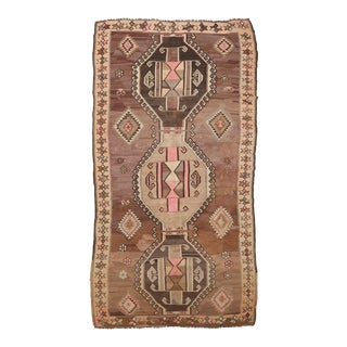 Mid 20th Century Vintage Brown Turkish Kars Kilim Rug For Sale