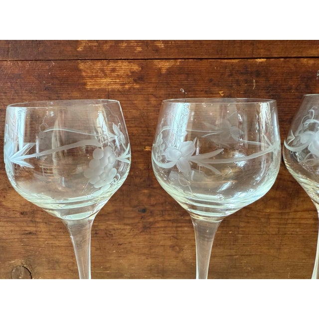Set of 5 Vintage Etched Wine Glasses For Sale - Image 4 of 6