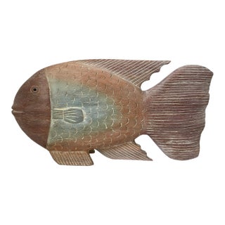Large Rustic Carved Wood Fish Sculpture, Tan & Teal , Coastal Décor, 18" X 10” For Sale