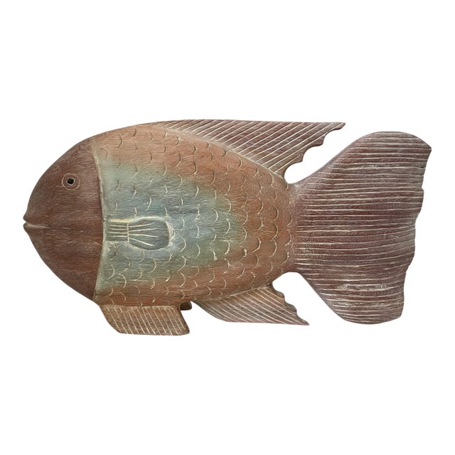 Large Rustic Carved Wood Fish Sculpture, Tan & Teal , Coastal Décor, 18" X 10” For Sale