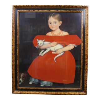 Early 19th Century Girl in Red Dress With Cat and Dog Print After Ammi Phillips Tortoiseshell Painted 33", Framed For Sale
