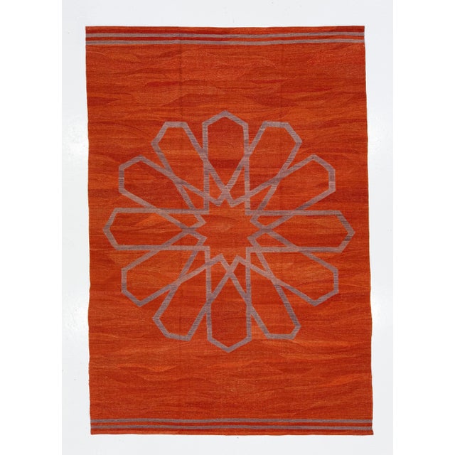 Textile 2020s Modern Kilim Handmade Rust Geometric Wool Rug For Sale - Image 7 of 7