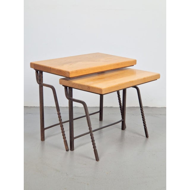 Vintage 2 side table nesting tables mimiset oak metal '70s mid century mimi set / nesting tables 1970s brutalist design...