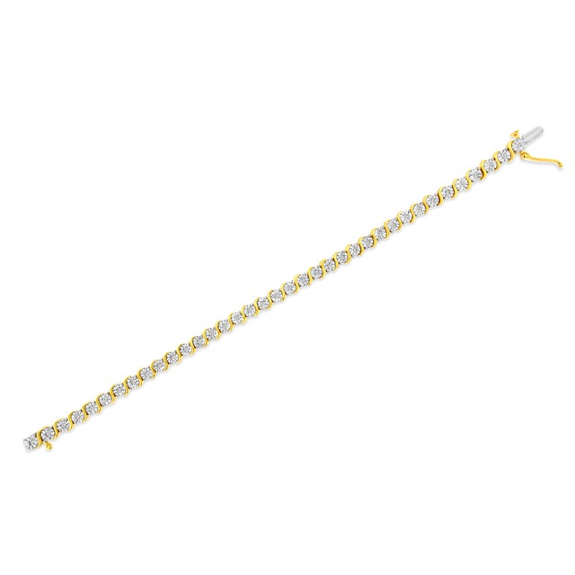 Early 21st Century 14K Yellow Gold Plated .925 Sterling Silver 1/4 Cttw Diamond Round Miracle Plate and "S" Link Tennis Bracelet (I-J Color, I2- I3 Clarity) - 7" For Sale - Image 5 of 7