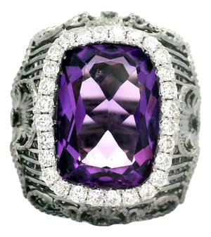 5.88 Carat Amethyst Aquamarine Diamond 18k Rhodium Gold Halo Ring, Size 6.75