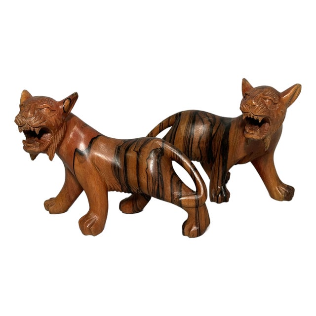 Hand-Carved Wooden Tigers, 1970s, Set of 2 For Sale