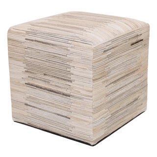 Handmade Cowhide Leather Ottoman Pouf 18x18x18 in Neutral Textured Patchwork For Sale