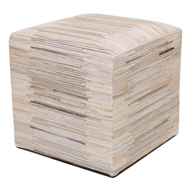Handmade Cowhide Leather Ottoman Pouf 18x18x18 in Neutral Textured Patchwork For Sale
