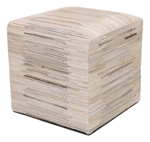 Handmade Cowhide Leather Ottoman Pouf 18x18x18 in Neutral Textured Patchwork
