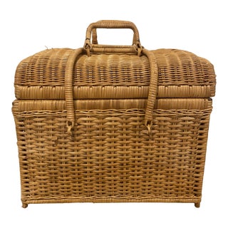 Vintage Boho Chic Wicker Picnic Basket With Handles For Sale