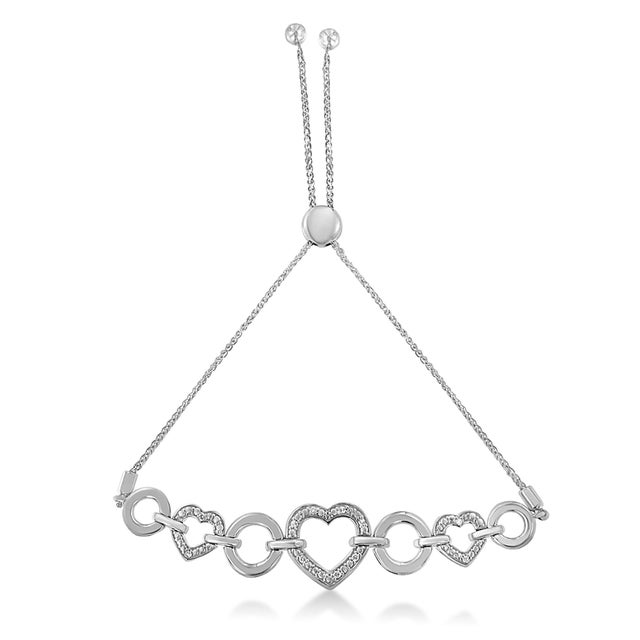 Contemporary .925 Sterling Silver Diamond Accent Interlinking Triple Heart 4”-10” Adjustable Bolo Tennis Bracelet (H-I Color, I2-I3 Clarity) For Sale - Image 3 of 5
