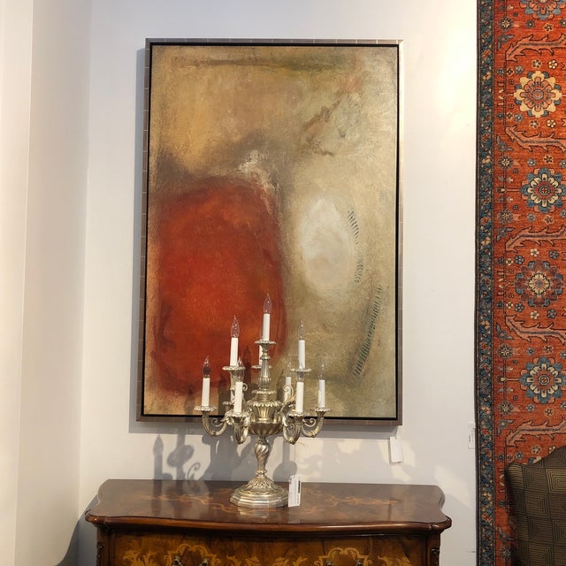 1990s Silver Gilt Wood Framed Oil on Canvas Giclee, Abstract in Design, Using Colors of Red and Beige. For Sale - Image 9 of 9