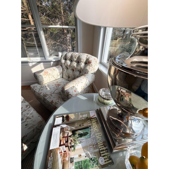 Custom Tufted Scalamandre Sky Blue Floral Lounge Chair and Ottoman Set For Sale - Image 12 of 18