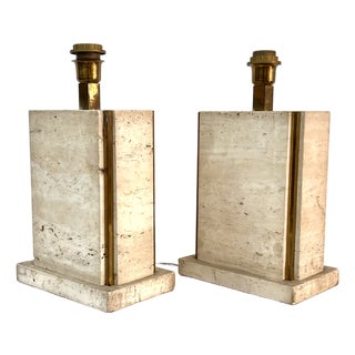 Geometric Travertine and Brass Table Lamps, Italy, 1970s, Set of 2 For Sale