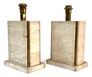 Geometric Travertine and Brass Table Lamps, Italy, 1970s, Set of 2