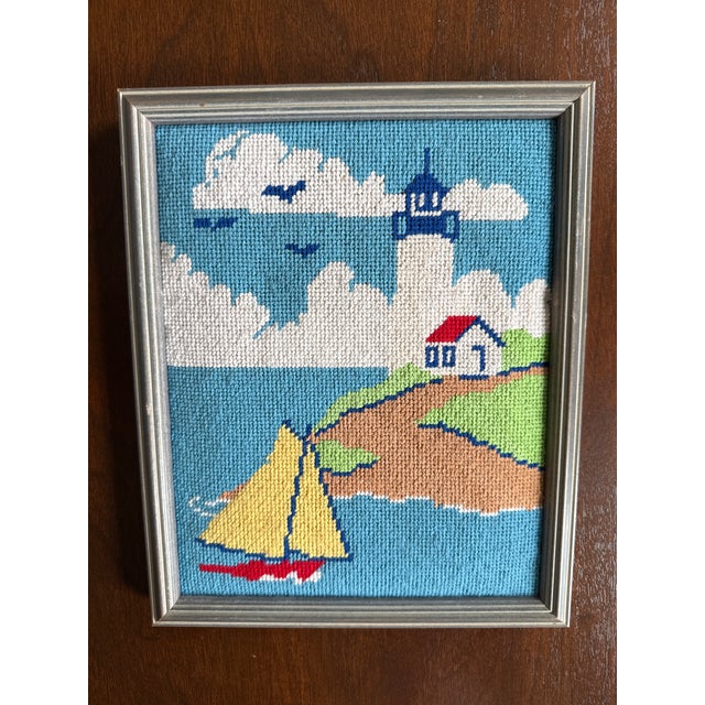 1980s Vintage Framed Needlepoint Boats— A Pair For Sale - Image 5 of 18