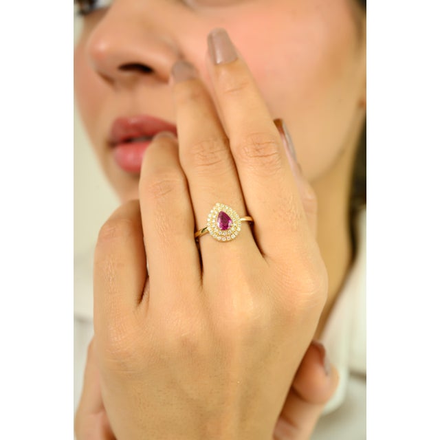 Pear Shape Double Halo 14k Gold Engagement Ring Size 8 For Sale - Image 4 of 11