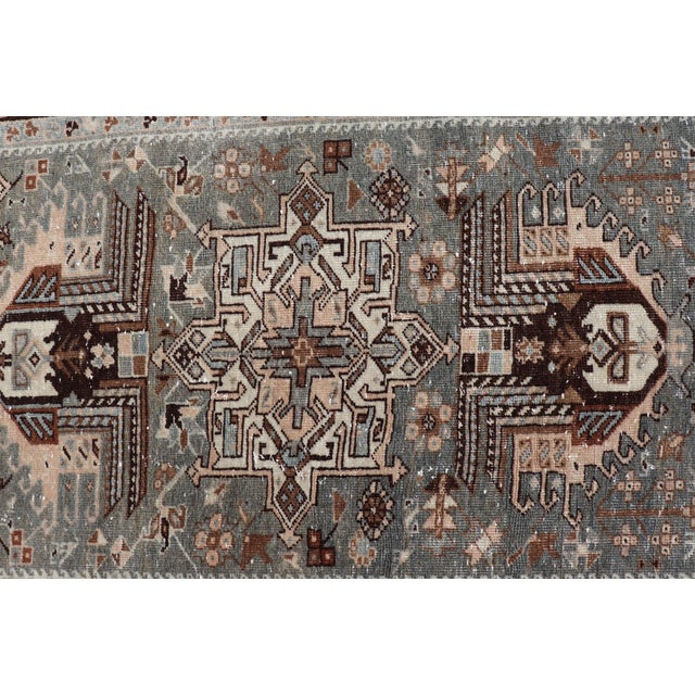 Early 20th Century Antique Persian Heriz Runner in Wool With Geometric Medallions in Light Gray Green and Brown For Sale - Image 5 of 12