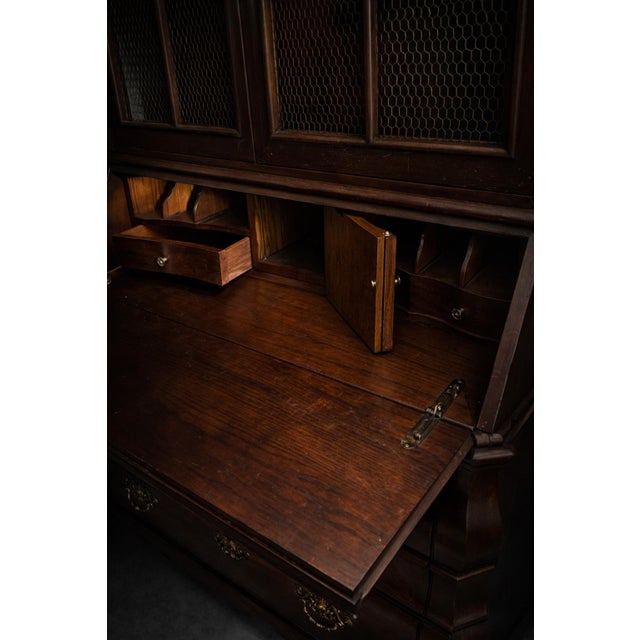 Brass Vintage Henredon Architectural Secretary Desk With Brass Mesh Doors & Bombe Drawers – Rich Dark Walnut Finish For Sale - Image 8 of 8