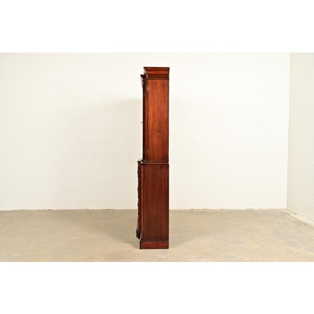 Baker Furniture Style Georgian Banded Mahogany Breakfront Bookcase Cabinet With Drop Front Secretary Desk For Sale - Image 12 of 15