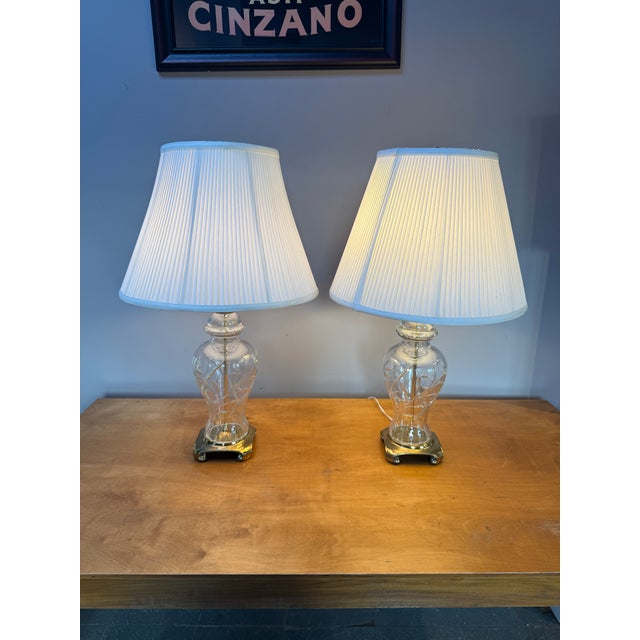 Vintage Pair Cut Crystal and Brass Table Lamps With Pleated Silk Shades For Sale - Image 15 of 18