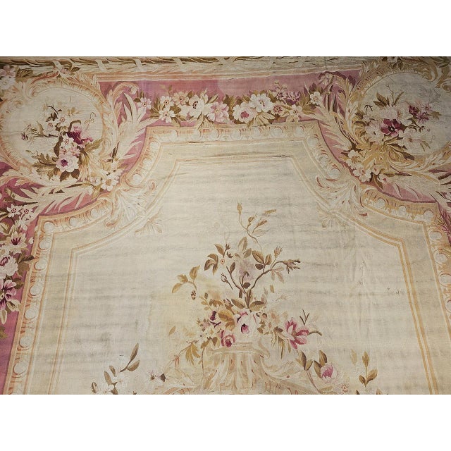 Antique French Aubusson Rug, Handwoven Wool, Floral Pattern, Ivory & Pale Green, 12' X 18' For Sale - Image 10 of 17