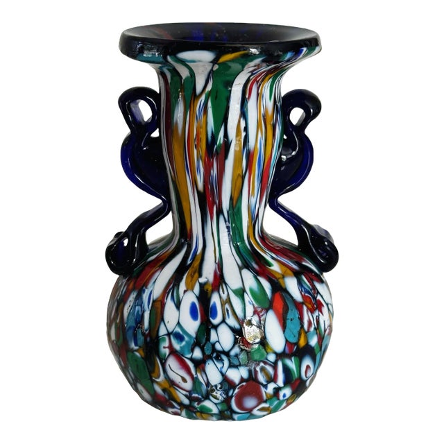 Mid-Century Mouth Blown Glass Vase With Delicate Handles by Fratelli Toso For Sale