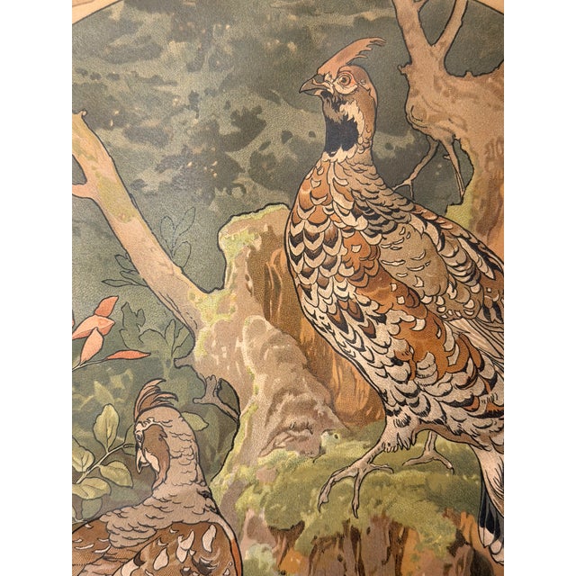 Wood Antique 1890s Jugendstil Grouse Lithograph Art Nouveau Bird Pair Mission Frame Reproduction For Sale - Image 7 of 7