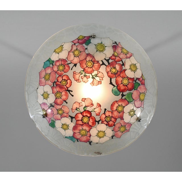 Rose Loys Lucha French Art Deco Pendant Light 1930s - Enameled Pink Floral Bowl For Sale - Image 8 of 13