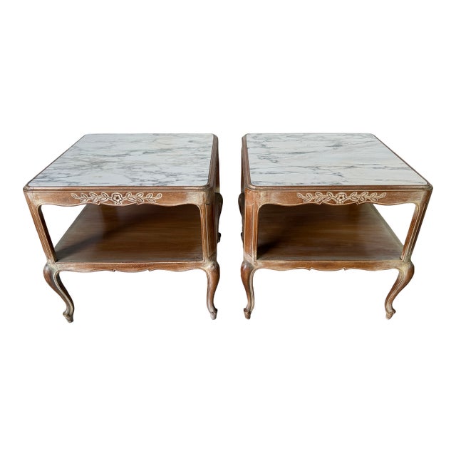 Vintage French Provincial Style Two Tier Marble Top End Tables – A Pair For Sale