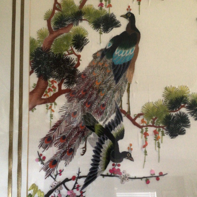 Green 1930s Asian Silk Embroidered Panel Peacocks Perched in a Pine Tree For Sale - Image 8 of 11