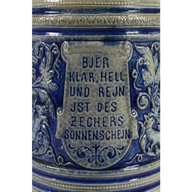 Blue 1880's Blue on Gray Stoneware Beer Stein With Pewter Lid 0.5l Westerwald Germany For Sale - Image 8 of 14