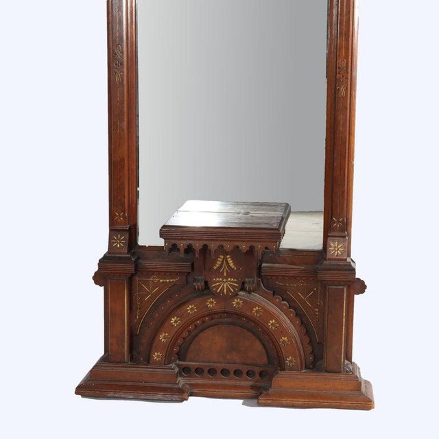 Late 19th Century Eastlake Aesthetic Walnut Burl Hall Mirror Gilt Highlights C1870 For Sale - Image 5 of 18